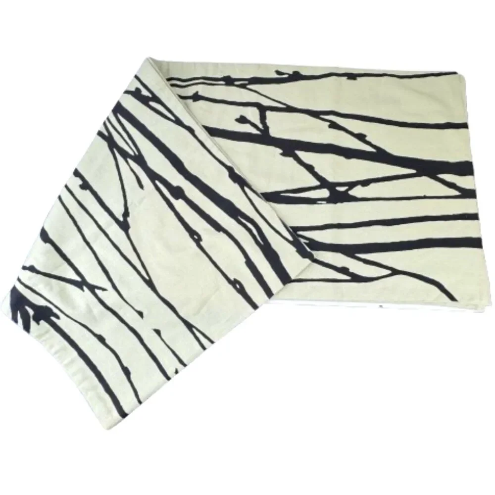 CB2 Twig Table Runner Natural Cotton Tan Black Modern Print 14 x 72